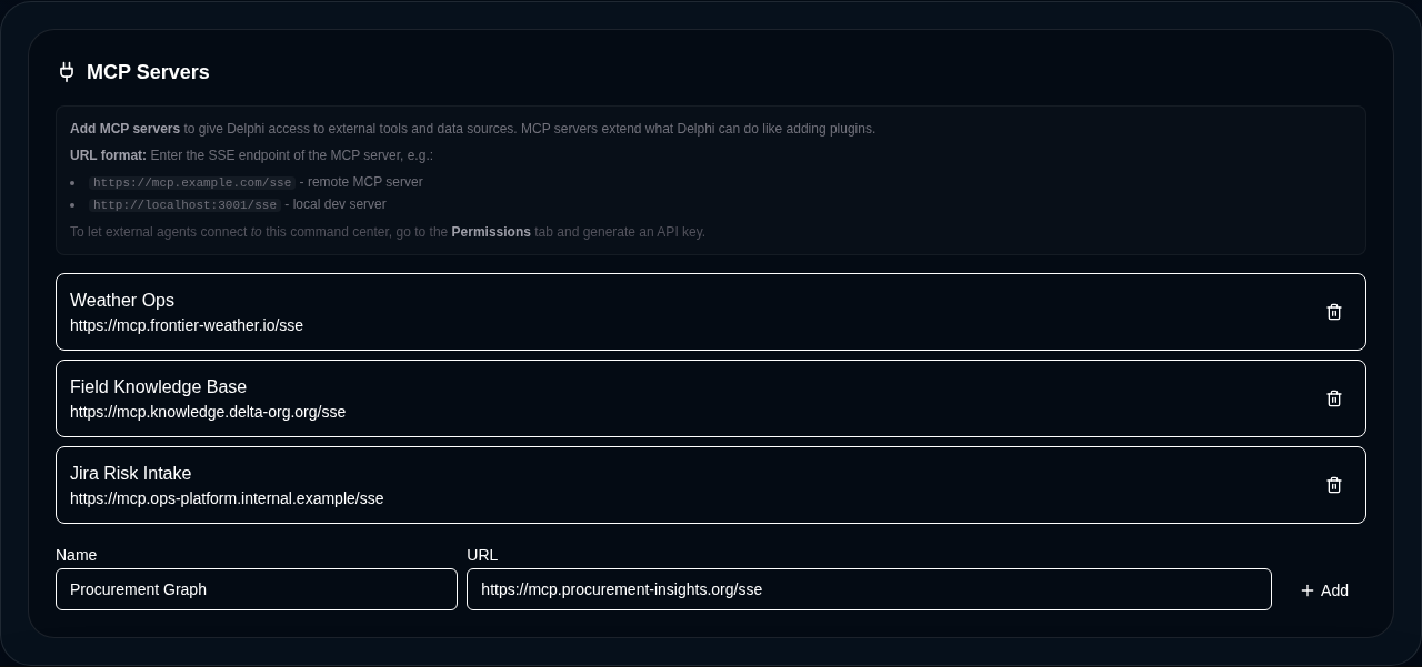 Screenshot of Delphi configured with multiple external MCP servers